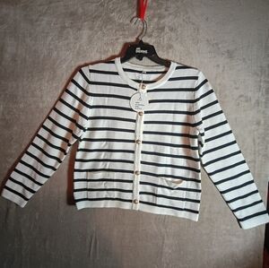 Anrabess Gold Button Black And White Stripe Cardigan Size Medium